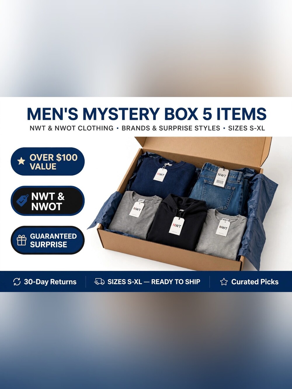 Men's Mystery Box - 5 Items - Navy, Black, Gray